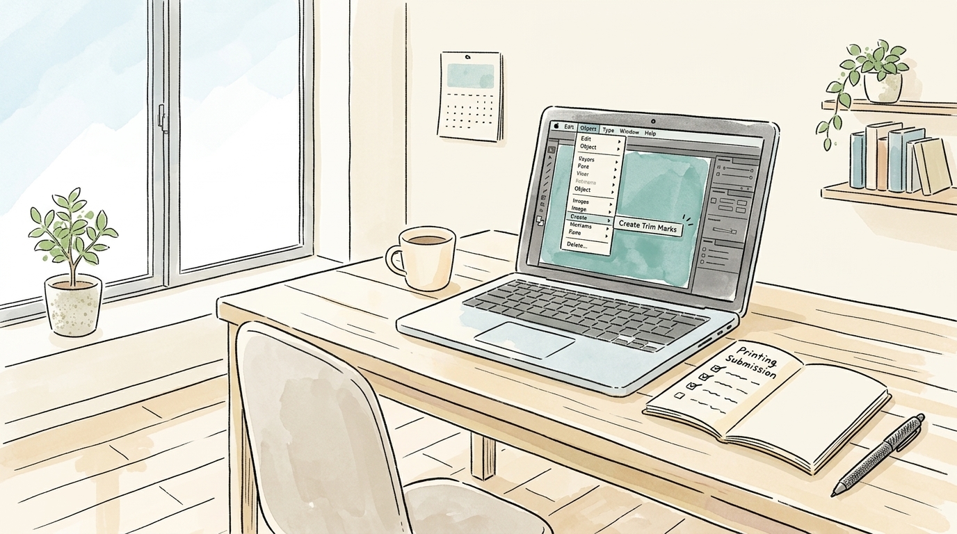 Illustratorでトンボを作成する操作画面と入稿前チェックリストの様子