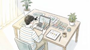 印刷データ作成でリッチブラックとスミベタの設定を学ぶデザイン初心者が、カラーチャートを確認しながら納得した表情を見せる様子