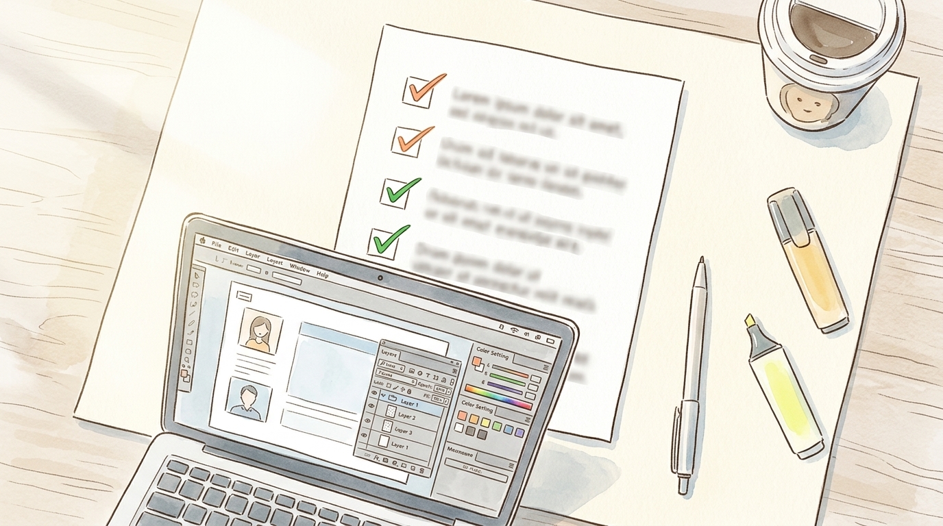 印刷データ入稿前にカラー設定やK100の混在を確認するチェックリストと、作業中のPC画面