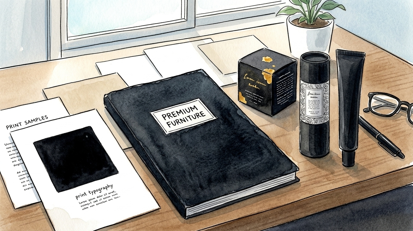 リッチブラックを使った家具カタログと化粧品パッケージのイラスト