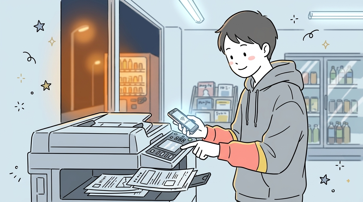 夜のコンビニでアプリを使いコンビニ印刷の方法を選んでいる男性の様子