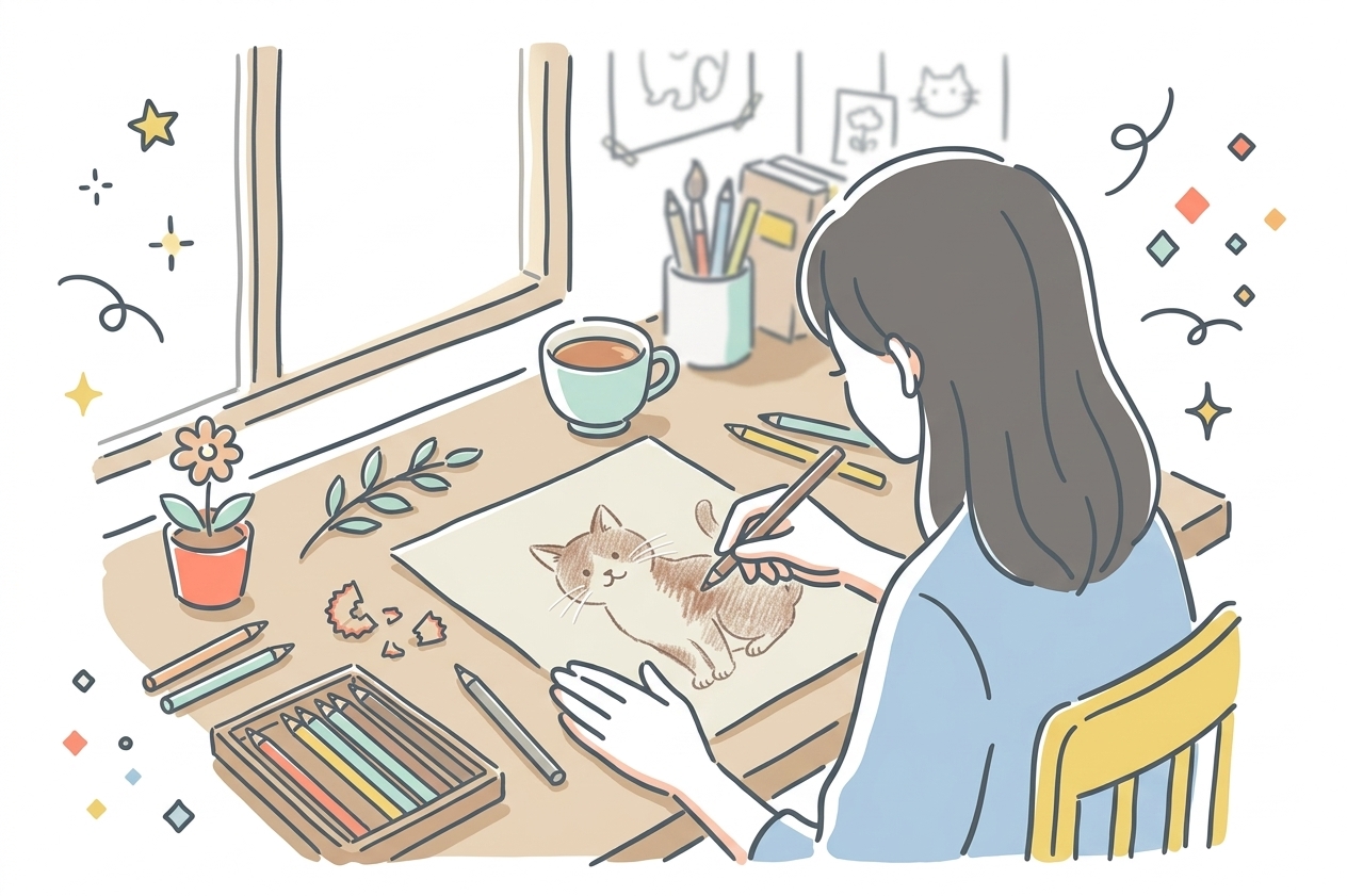 色鉛筆画でヒゲの白線を描くため鉛筆と色鉛筆を使い分ける制作風景