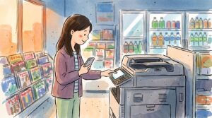 女性がコンビニのマルチコピー機でスマホからPDFを印刷している様子