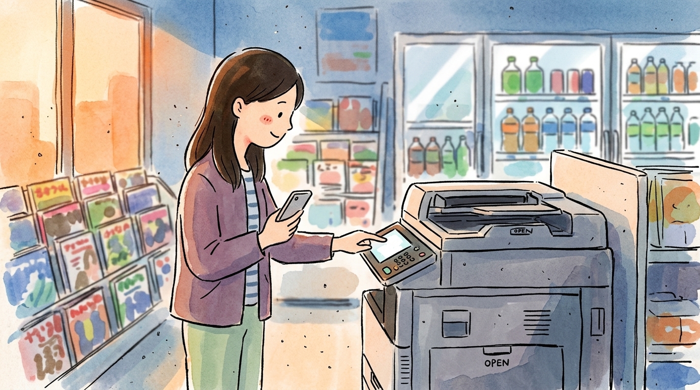 女性がコンビニのマルチコピー機でスマホからPDFを印刷している様子