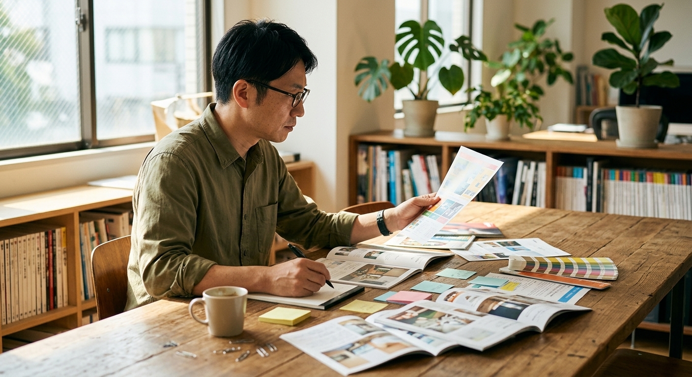 デザイナーが印刷物の用途に合わせてコート紙とマットコート紙を使い分けている様子