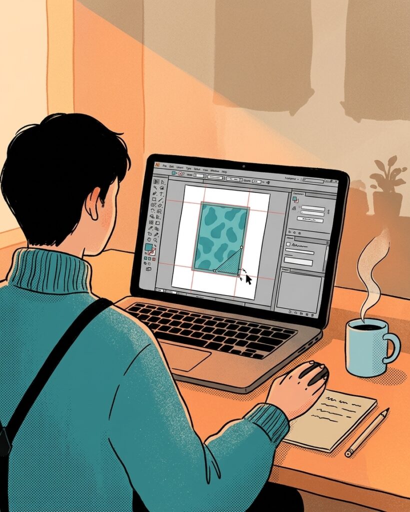 Illustratorで塗り足しの作り方を実践しながらデータ作成を進める担当者の様子