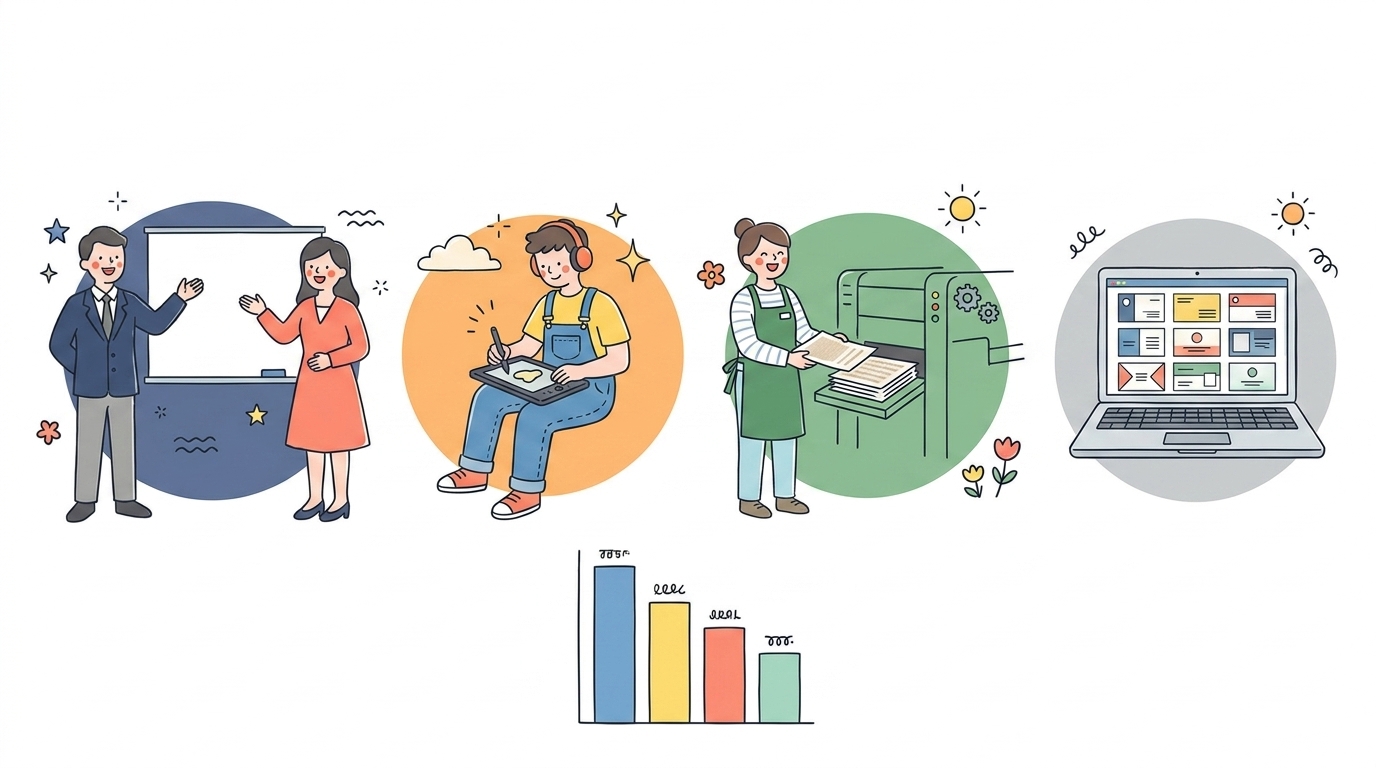 制作会社やフリーランスなど依頼先別の名刺デザイン料金相場を比較したイラスト