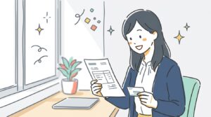 オフィスで名刺デザインの見積書と料金相場を確認する女性担当者の様子