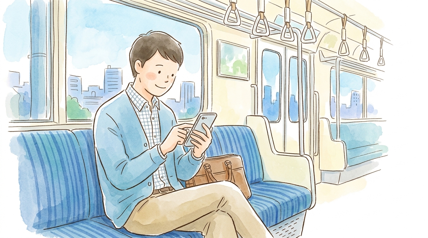 通勤電車内でアプリを使いファイルを保存し印刷予約番号を準備する男性の様子