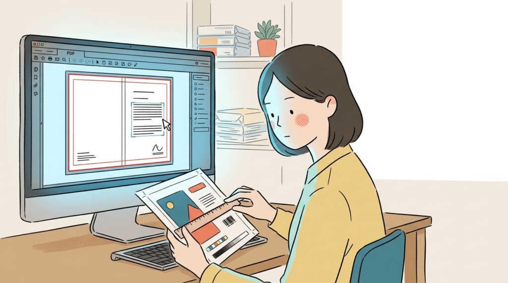 PDF入稿前に塗り足しと仕上がり線を確認する製本担当者のチェック方法の様子