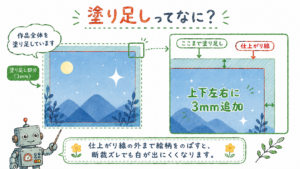 ブリキのロボットが印刷データの塗り足し3mmを説明しているイラスト