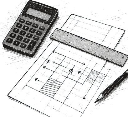 電卓と定規と方眼紙のイラスト|計算ツール