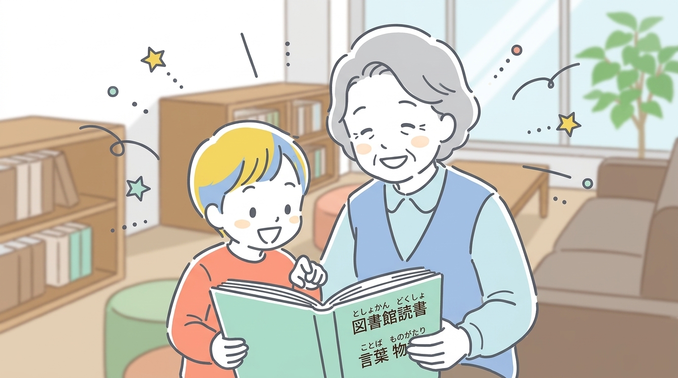 図書館で祖母と孫が総ルビの児童書を一緒に読んでいる様子