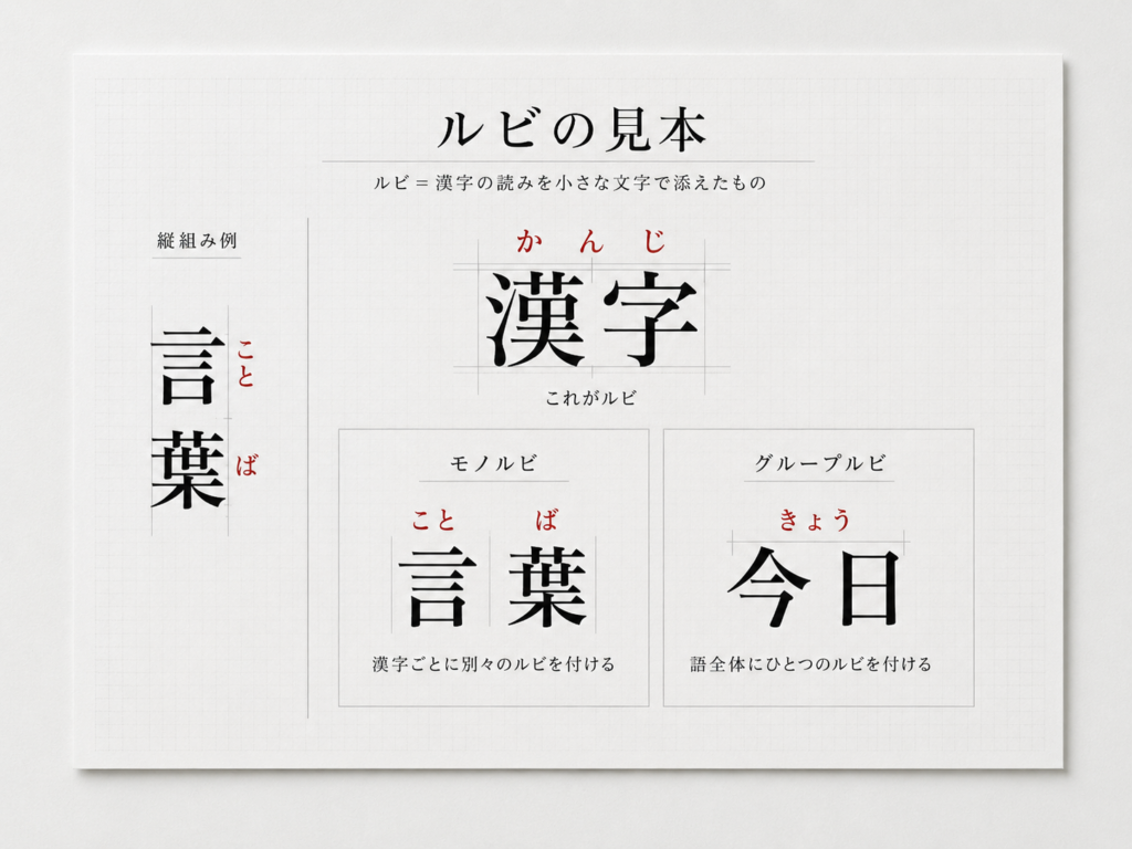 縦書きと横書きでのルビ配置ルールを比較した組版図解