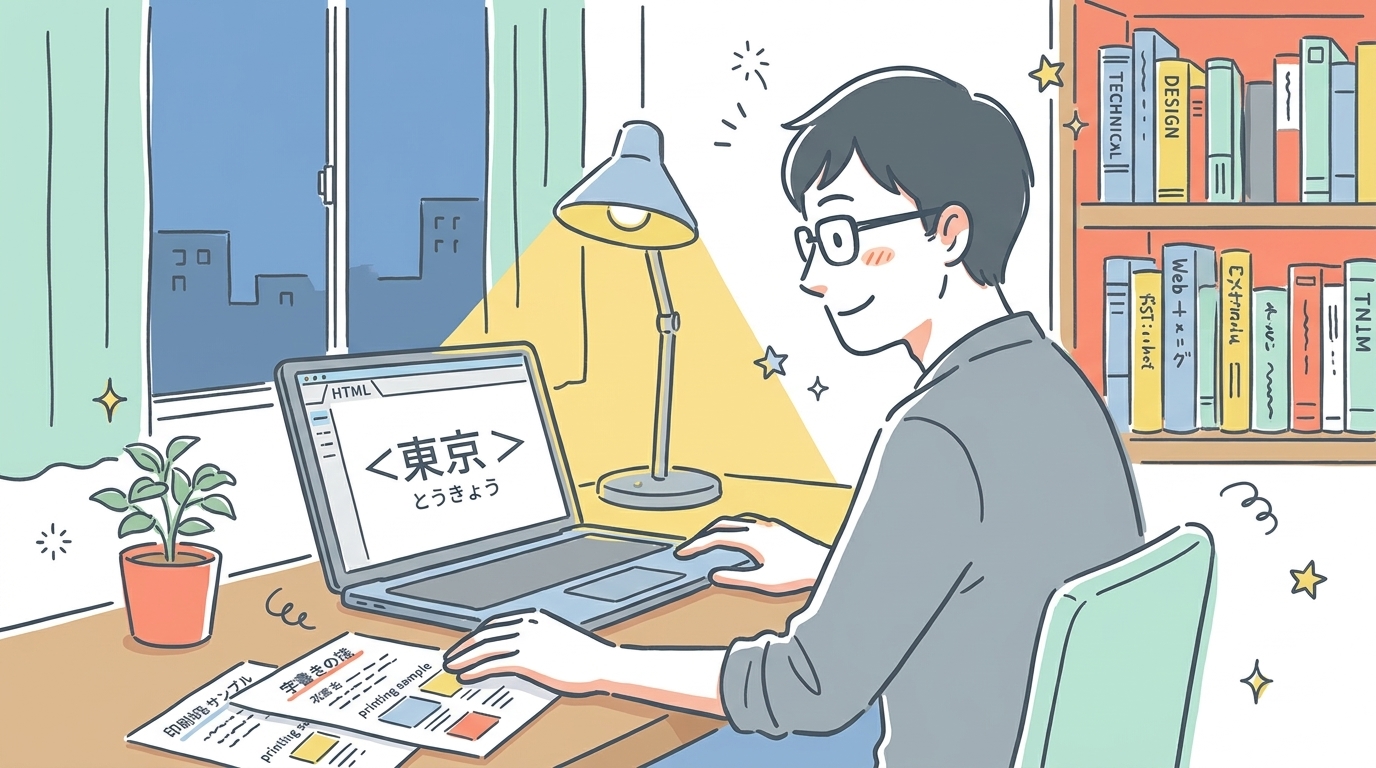 パソコンでHTMLのrubyタグを編集しながら紙資料を参照する男性の様子