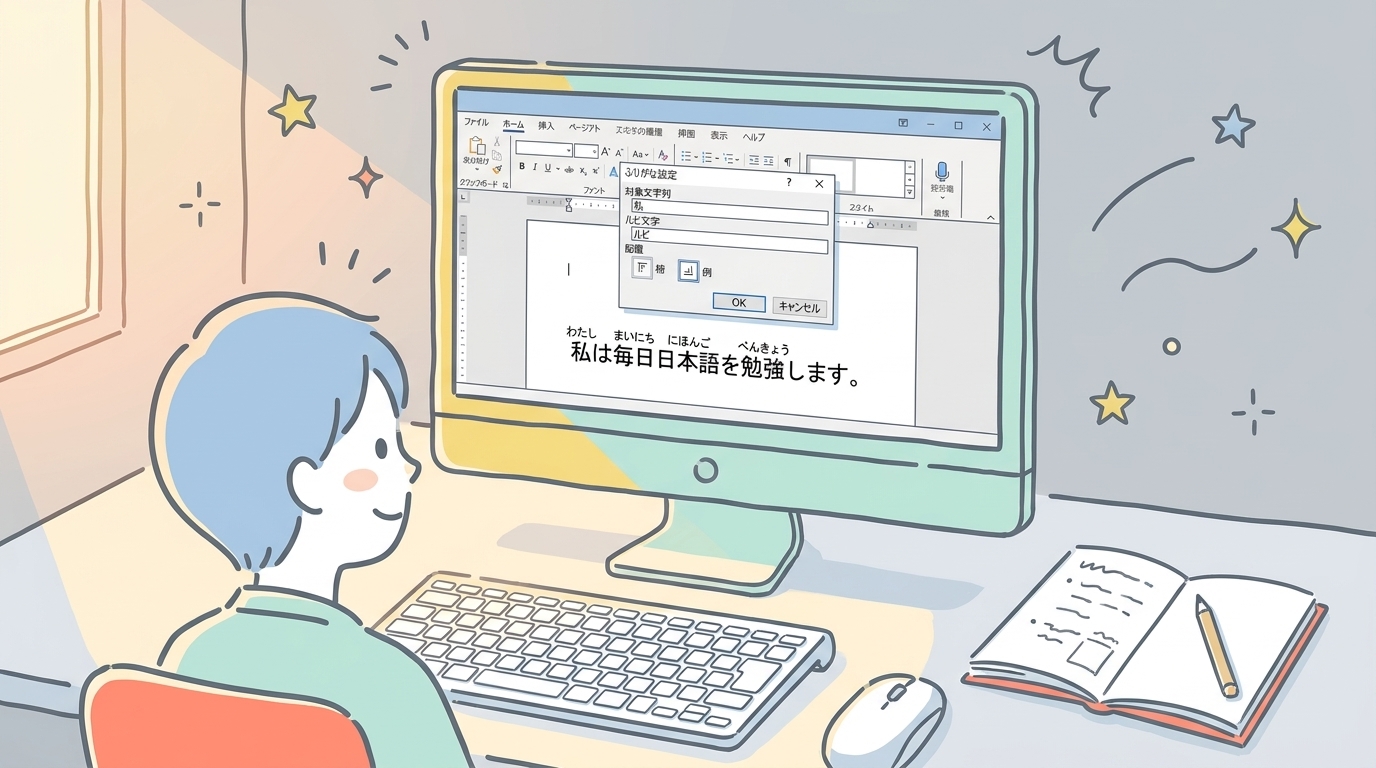 パソコン画面でWordのルビ設定ダイアログを操作している様子