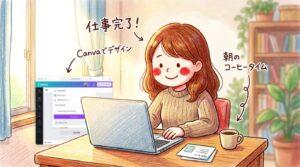 Canvaで作成したデータを印刷に出す前に確認する女性店舗担当者の様子