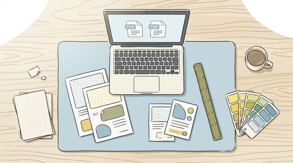 Canvaでの印刷用データ作成に使う道具を俯瞰で並べた作業机の様子