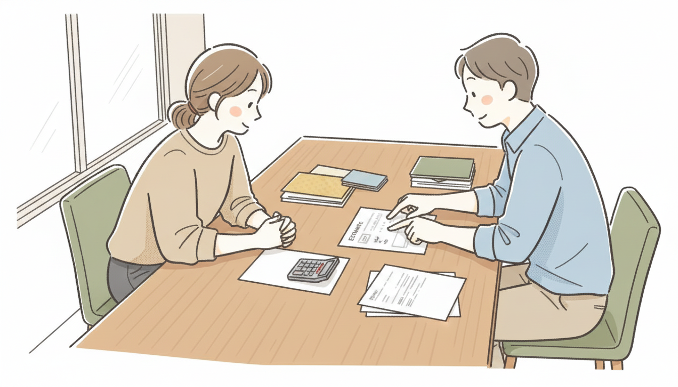 印刷の見積り打ち合わせで台数計算を説明する営業担当者