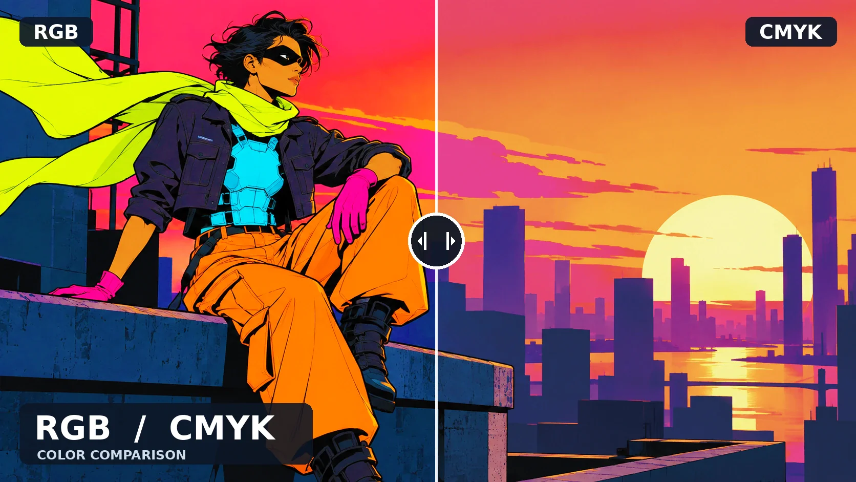 同じイラストのRGB画像とCMYK変換後の画像を左右に並べた比較。マフラーの黄緑や夕空のピンクに色の違いが見える